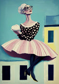 Stylized woman in polka-dot top and pink skirt holding a bun, seated against geometric house shapes; It's My House cover.