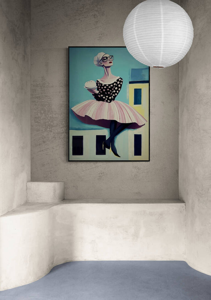 Framed "It's My House" artwork by Martin Zen on a minimalist wall with curved bench and paper lantern overhead.