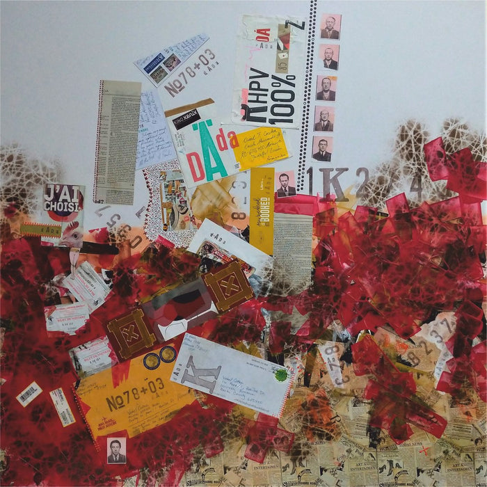 J'ai choisi by Dada - crumpled red tissue and newsprint under airmail envelopes and passport photographs
