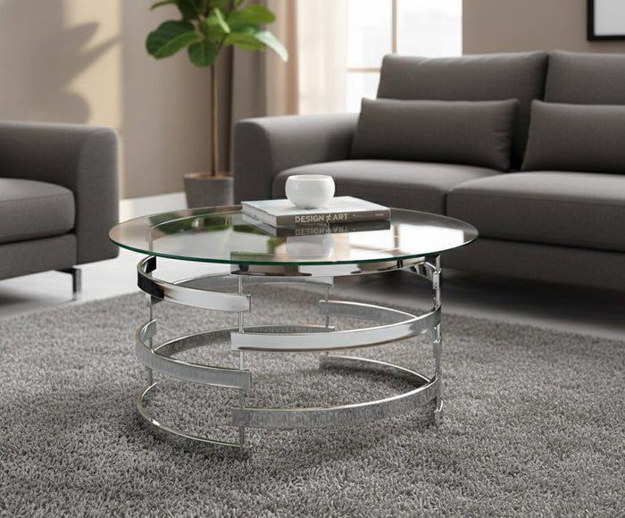 JAIK Chrome Metal & Clear Glass 35" Wide Round Coffee Table