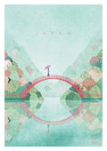 Illustration of a person with an umbrella on a red bridge over water, scenic mountains in Japan by Henry Rivers.
