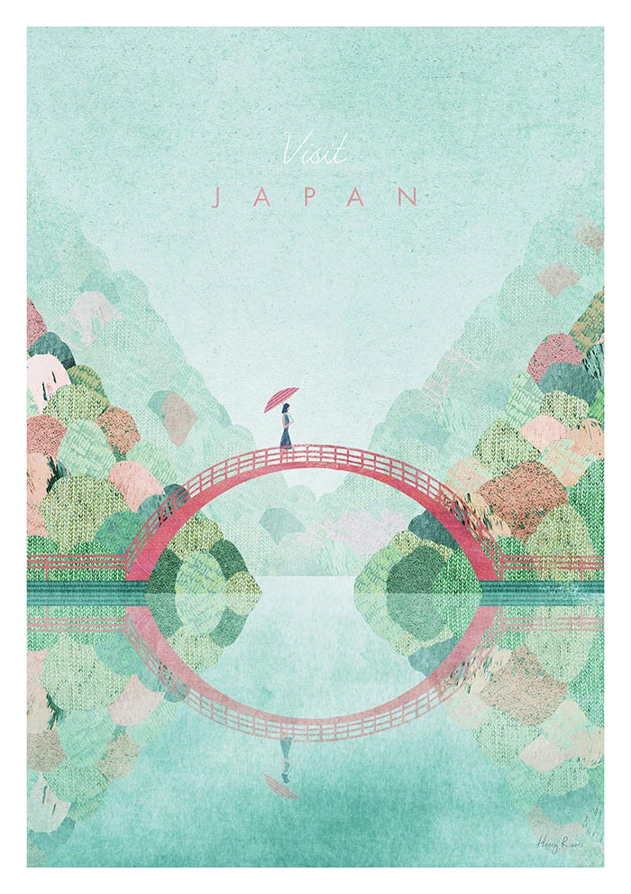 Illustration of a person with an umbrella on a red bridge over water, scenic mountains in Japan by Henry Rivers.