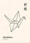 Minimalist poster of an origami crane with "The Orizuru" and Japanese characters, Japandi Origami Plakat design.