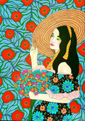 Josy by Lucrezia Solena - woman in a straw hat holding a bouquet against red flowers