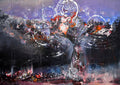 Kafkian eternity with flowers at 7 pm 13.08.2020 by Ovidiu Kloska - dark abstract landscape with red and orange bursts under a lavender sky