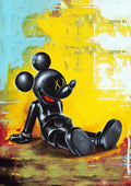 Kawsey Relax Colour by Daniel Leo — acrylic pop art painting of a reclining black cartoon figure on a yellow and turquoise ground