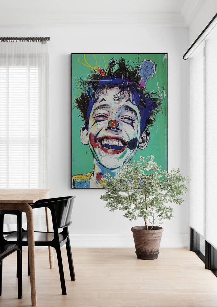 Colorful portrait of a laughing clown on a green background, displayed in a modern dining room.