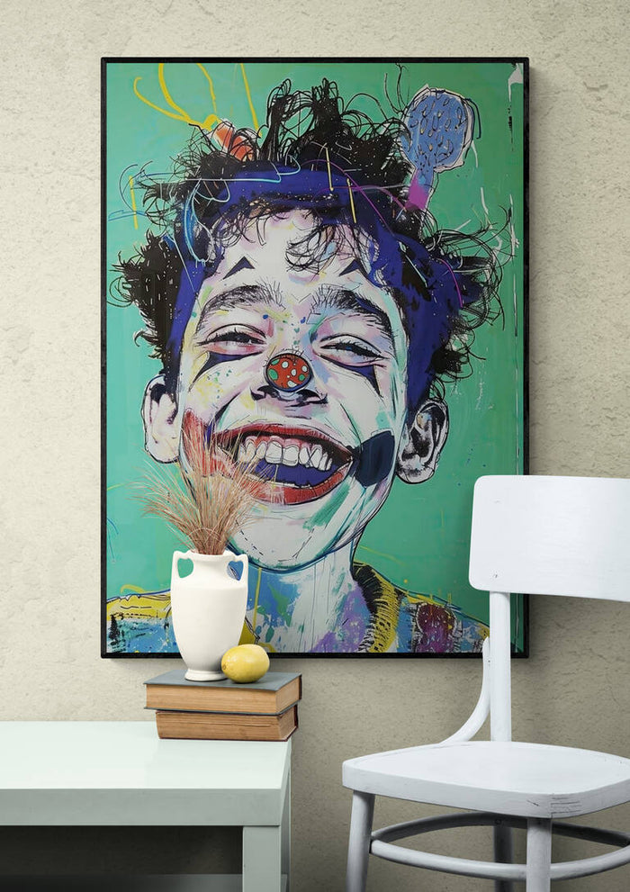 Colorful painting of a smiling clown-faced child on a green background, displayed above books and a vase.