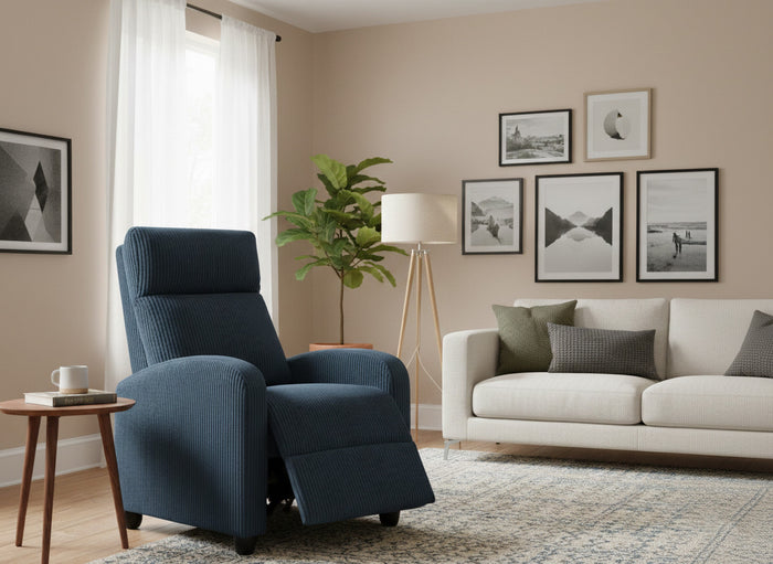 KENNEDALE Blue Corduroy 27" x 40" Height Push-Back Recliner Chair