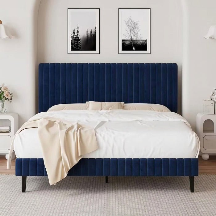 KERMIT Dark Blue Velvet 43" Height Platform Bed