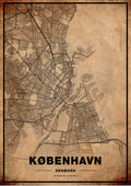 Vintage-style map poster of Copenhagen, Denmark with city streets and "København" in bold letters at the bottom.