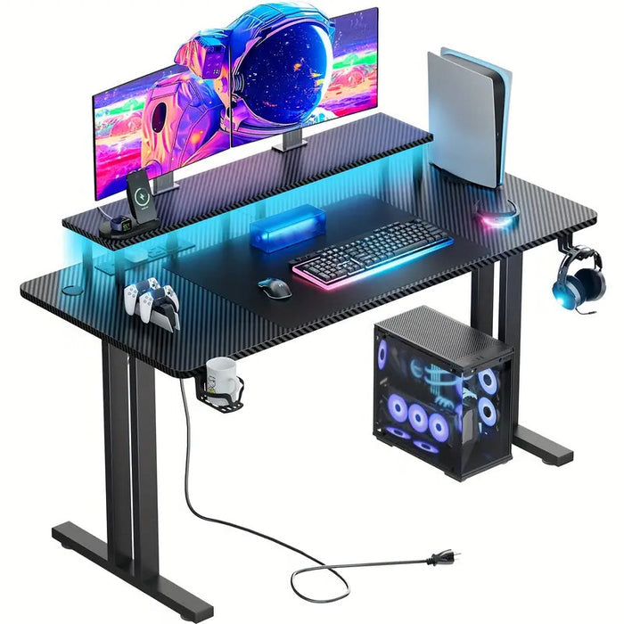 KWAKE Carbon Fiber 47" x 24" Gaming Desk with LED Lights and Power Outlet