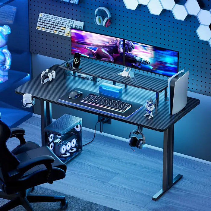KWAKE Carbon Fiber 55" x 24" Gaming Desk with LED Lights and Power Outlet