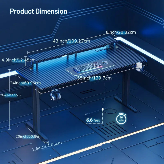 KWAKE Carbon Fiber 55" x 24" Gaming Desk with LED Lights and Power Outlet