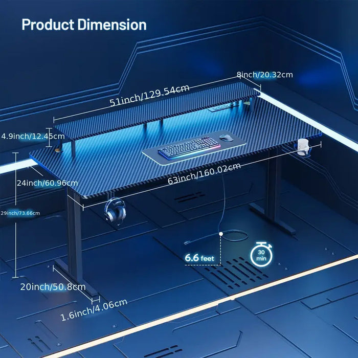 KWAKE Carbon Fiber 63" x 24" Gaming Desk with LED Lights and Power Outlet