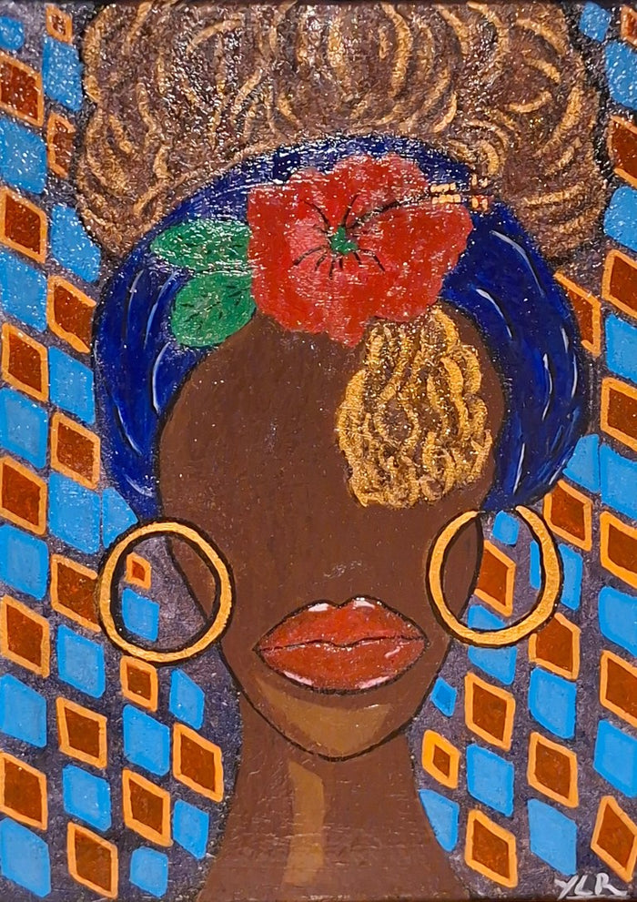 La Dominicana by Naïve Art by YLR - faceless woman with red lips, gold hoop earrings and a hibiscus in a blue headwrap