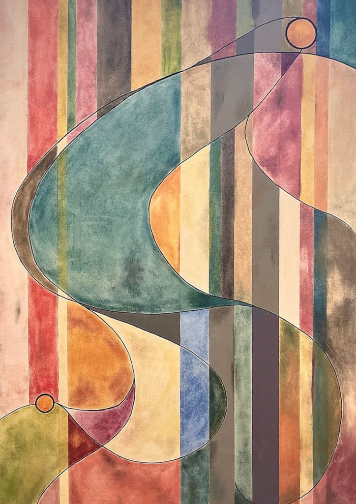 Labyrinth by Art Guveau - abstract painting of a teal winding band over muted vertical stripes