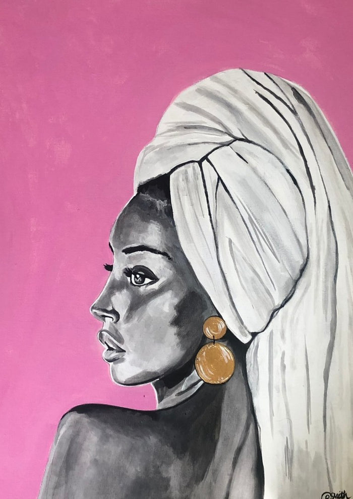 Ladies Night by Art By Biba - a grey portrait of a woman in a hair towel with gold earrings on hot pink