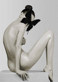 Artistic poster of a nude woman sitting, face partly covered by a large black butterfly on her shoulder.