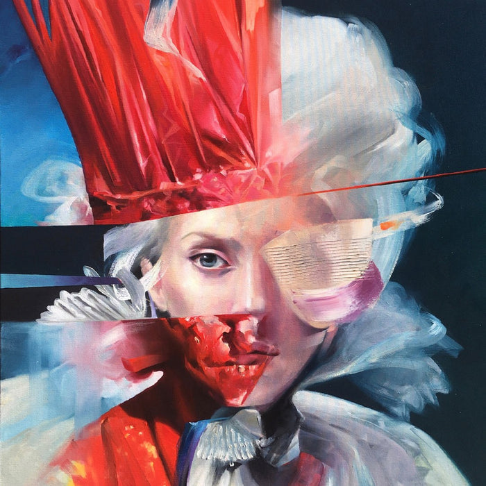 Lady Gaga by Adrian DeDea - fragmented oil portrait of Lady Gaga with a red feathered headdress