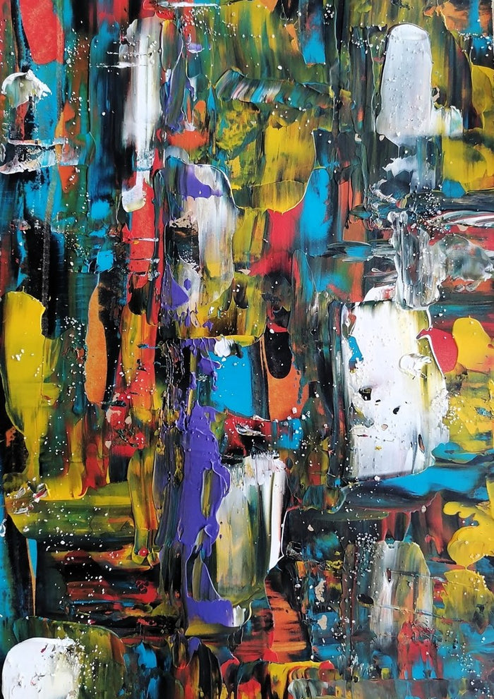 Lagoon by Igor Kotnik Art - thick vertical strokes of turquoise, cobalt, yellow and red on dark
