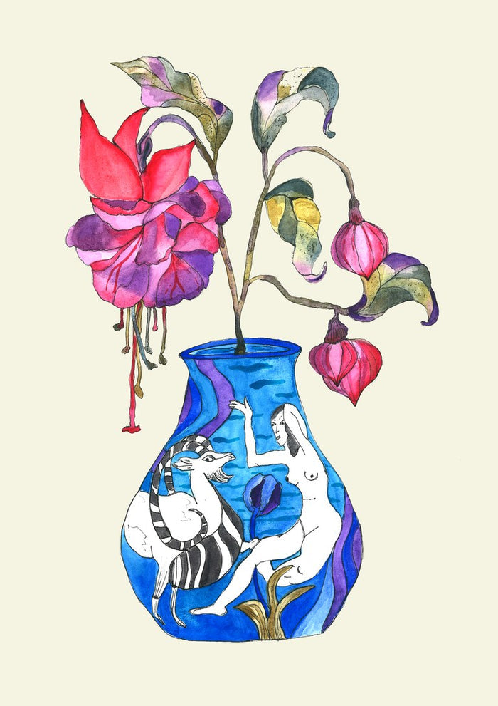 Laides Fuchsia by Marjorie Salvagni - magenta fuchsias in a cobalt blue vase painted with a female figure