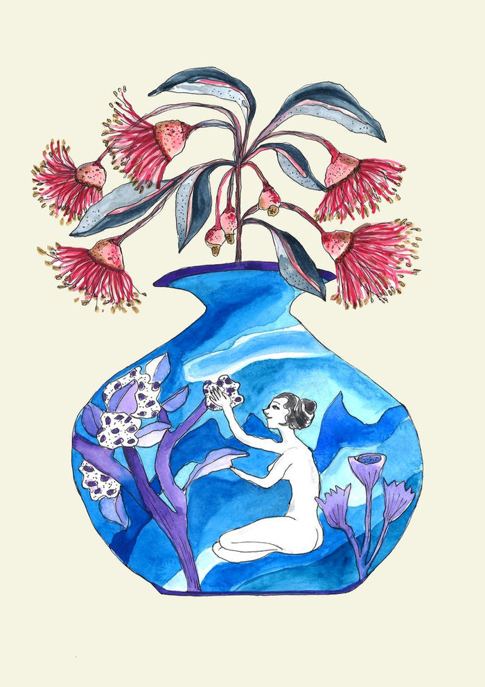 Laides Gum Blossom by Marjorie Salvagni - red gum blossom in a round cobalt vase painted with a figure