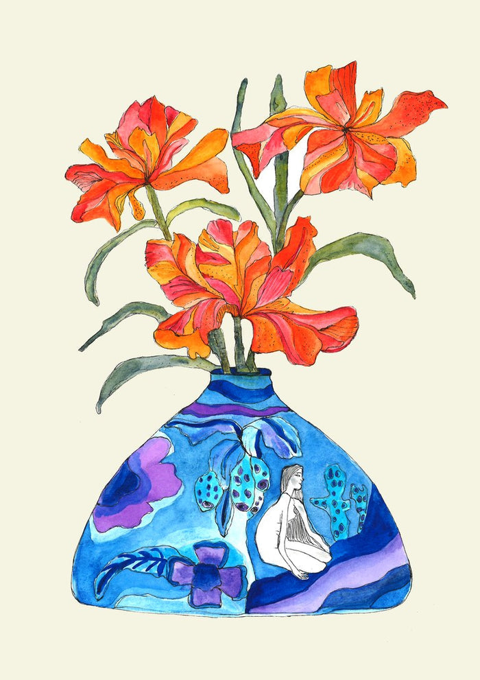 Laides Lily by Marjorie Salvagni - orange lilies in a low cobalt vase painted with a seated figure