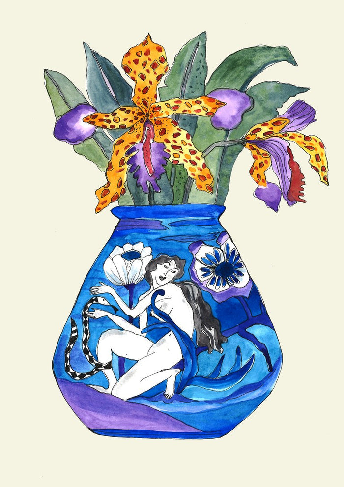 Laides Tiger Orchid by Marjorie Salvagni - spotted yellow orchids in a cobalt vase painted with two figures