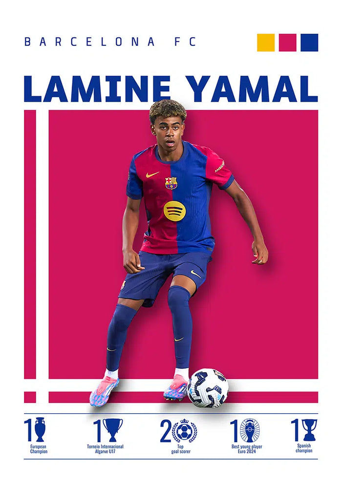 Poster of Lamine Yamal in Barcelona FC kit with club achievements at the bottom, featured on a football product page.