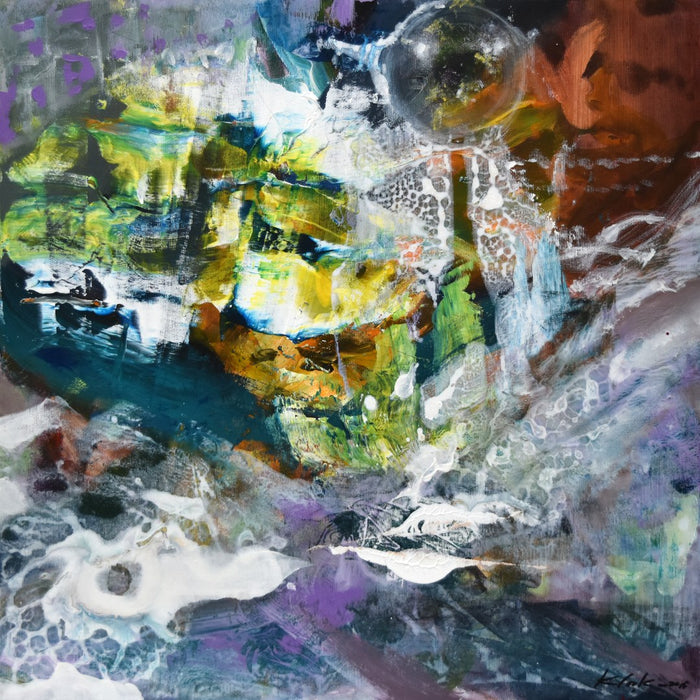 Landscape with bubbles of soap by Ovidiu Kloska - abstract landscape of lime, teal and violet layers with white foam and a bubble
