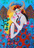 L'ange noir by Lucrezia Solena - two women embracing before a golden sun and striped wings on sky blue