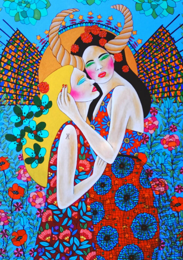 L'ange noir by Lucrezia Solena - two women embracing before a golden sun and striped wings on sky blue