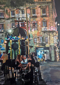 Late night stroll in Valletta by Mariam De Giorgio - a lit bar terrace under coloured bulbs on a dark street