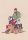 Lavender side hustle by Daukantė, a woman arranging purple lavender in jam jars at a half-price stall