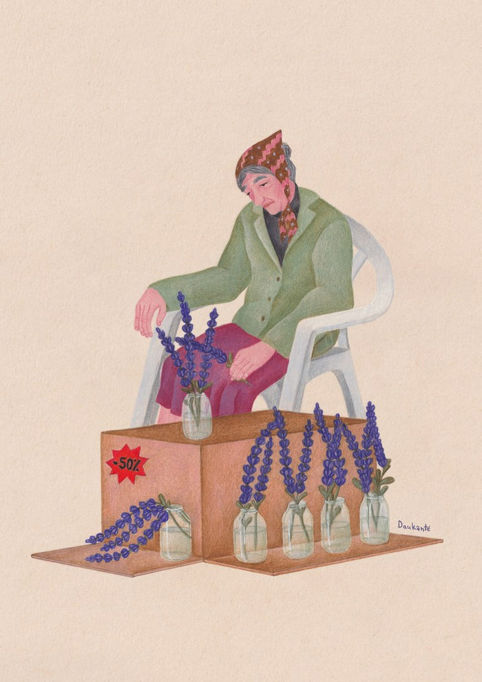 Lavender side hustle by Daukantė, a woman arranging purple lavender in jam jars at a half-price stall