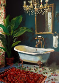 Le bain en vert by Mariam De Giorgio — a claw-foot bathtub against a deep green wall with a chandelier, a leafy plant and a red rug.