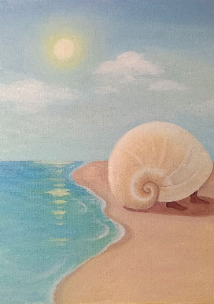 Leaving the sea by NeReid - cream spiral shell with bare feet on pink sand by turquoise water