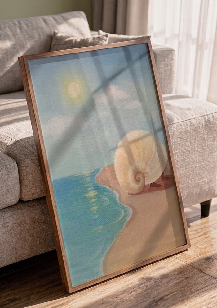 Leaving the sea by NeReid in a walnut frame leaning against a grey sofa