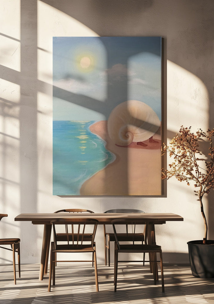 Leaving the sea by NeReid hanging above a wooden dining table in warm sunlight