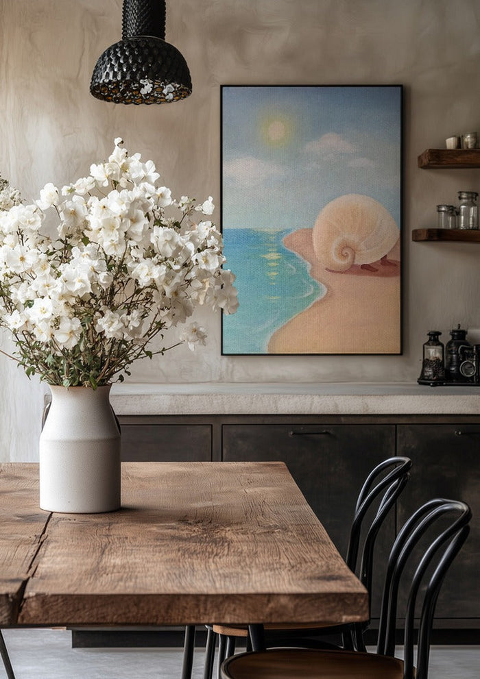 Leaving the sea by NeReid in a black frame above a rustic table with white flowers