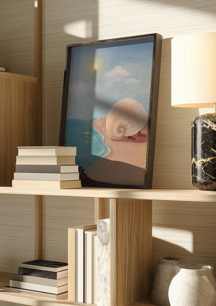 Leaving the sea by NeReid in a dark frame on a wooden shelf beside books and a lamp