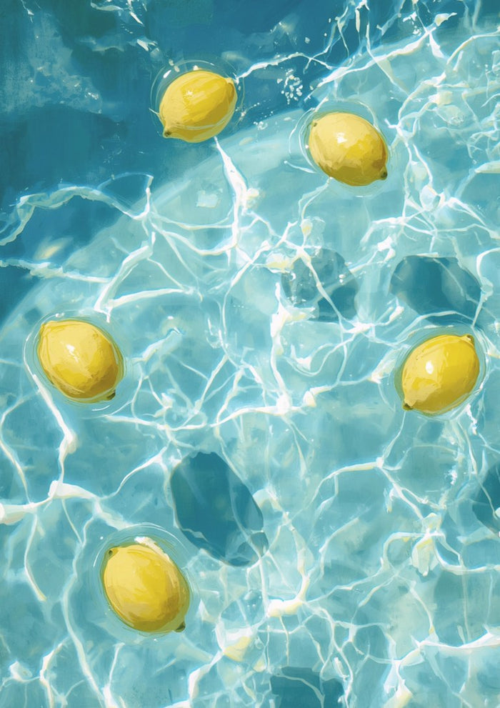 Lemon pool by Ohkimiko - five yellow lemons floating on sunlit turquoise pool water
