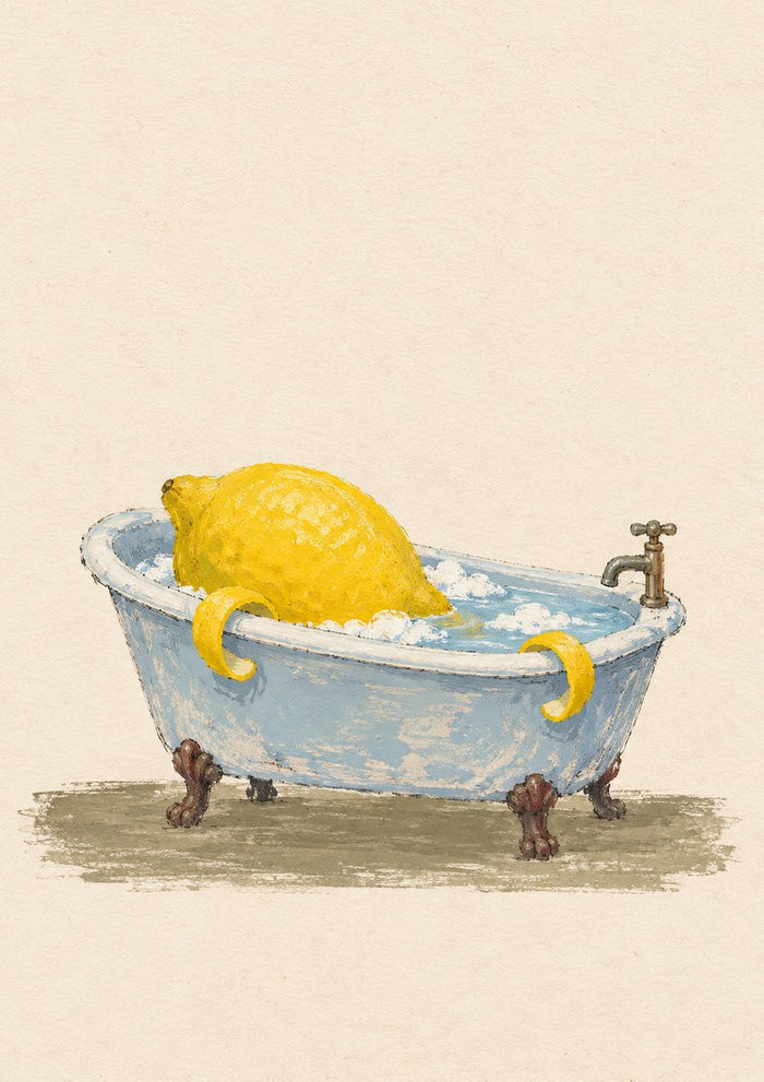 Lemon Takes a Bath by Matthews Gallerie - a yellow lemon lying in a pale blue clawfoot bathtub full of bubbles