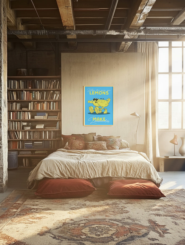Art print of "Lemons Make Lemonade" by Alina Shulhouskaya displayed above a bed in a cozy, sunlit bedroom.
