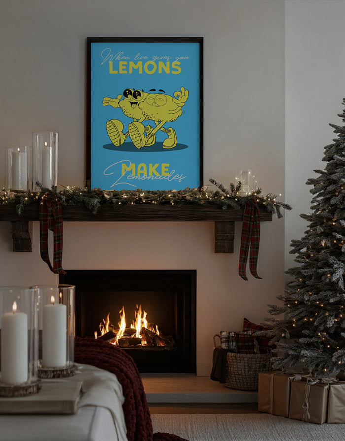 Framed "Lemons Make Lemonade" by Alina Shulhouskaya above a cozy fireplace, holiday decor nearby.