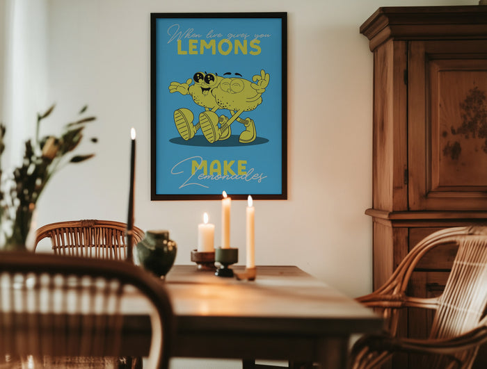 Framed "Lemons Make Lemonade" Alina Shulhouskaya art print displayed in a cozy dining room.