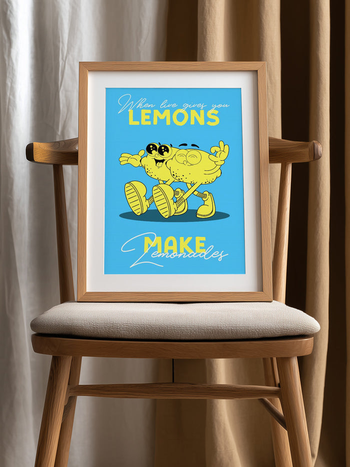 Framed "Lemons Make Lemonade" print by Alina Shulhouskaya on a chair, blue and yellow illustrated design.