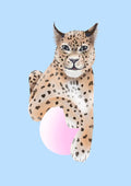 Leo poster by Lisen Vennesland with a leopard blowing a pink bubblegum bubble on a blue background