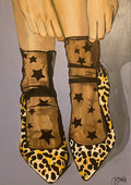 Leopard Heels by Art By Biba - sheer star-printed socks with leopard-print pointed heels on silver grey